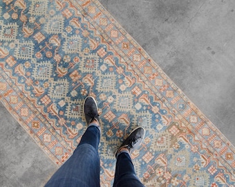 Vintage 3’4” x 16’5” Long Runner Blue Distressed Wool Hand-Knotted Runner 1930s - FREE DOMESTIC SHIPPING