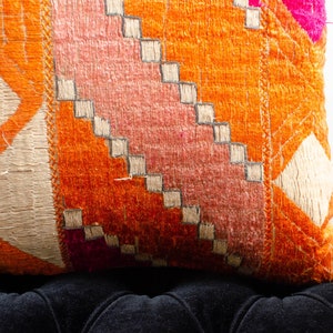 Antique Indian Phulkari Silk Hand Embroidered Linen Square Orange Pillowcase Accent Pillow Cushion 1920s image 9