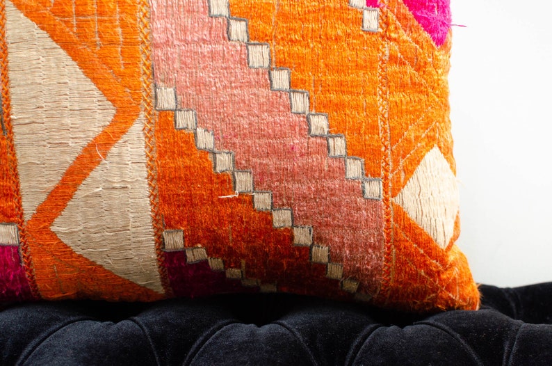 Antique Indian Phulkari Silk Hand Embroidered Linen Square Orange Pillowcase Accent Pillow Cushion 1920s image 9