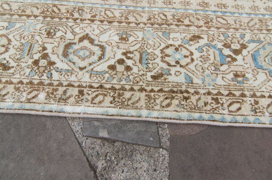 Vintage 6’8” X 9’11” Rug Geometric Design Champagne Blue Wool Pile Hand ...