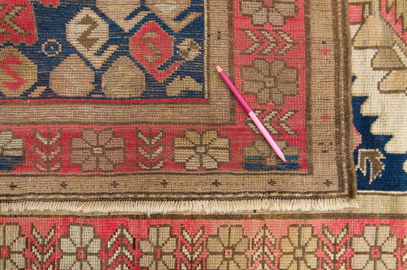 Antique 32 x 54 Kazak Rug Medallion Floral Red Navy Hand-Knotted Medallion Wool Pile Rug 1920s FREE DOMESTIC SHIPPING image 10