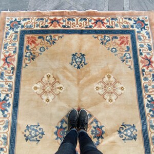 Vintage 6 x 9 Chinese Rug Hand-Knotted Geometric Design Earth-toned Color Oriental Wool Pile Heavy Area Rug 1980s FREE DOMESTIC SHIPPING image 3