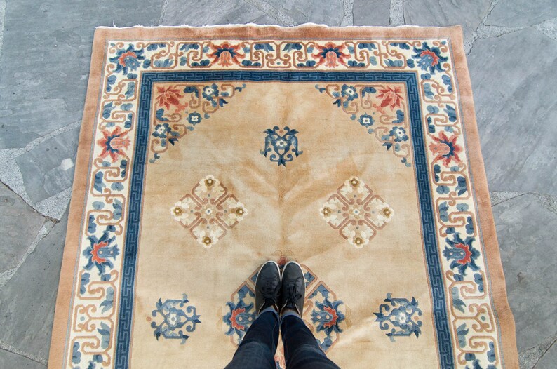 Vintage 6 x 9 Chinese Rug Hand-Knotted Geometric Design Earth-toned Color Oriental Wool Pile Heavy Area Rug 1980s FREE DOMESTIC SHIPPING image 3