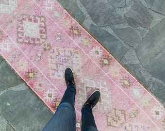 Vintage 2’10.5” x 12’6” Runner Hand Knotted Distressed Geometric Medallion Pink Wool Low Pile Runner - FREE DOMESTIC SHIPPING