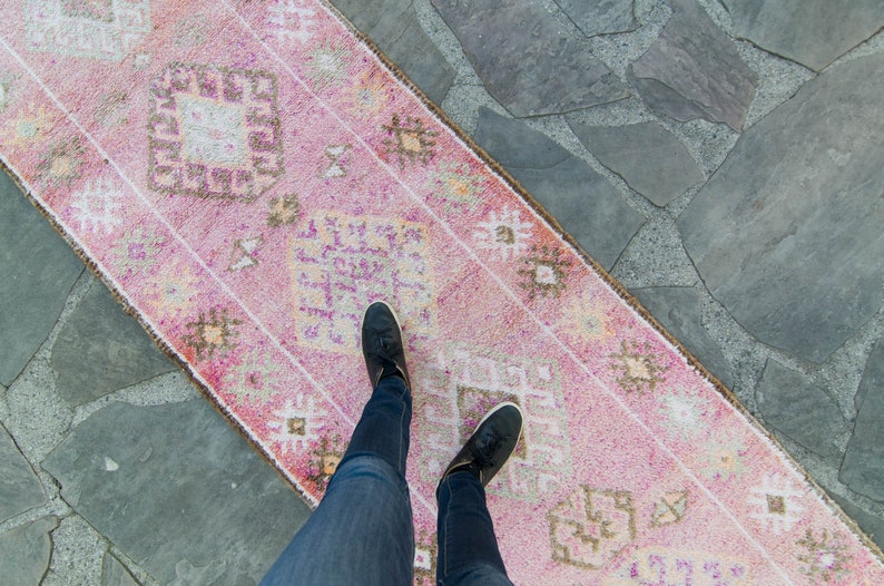 Vintage 210.5 x 126 Runner Hand Knotted Distressed Geometric Medallion Pink Wool Low Pile Runner FREE DOMESTIC SHIPPING image 1