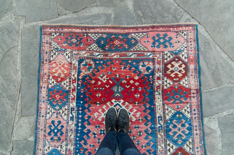 Antique 46 x 52 Rug Red Blue Çanakkale Geometric Small Area Accent Wool Hand-Knotted Rug 1910s FREE DOMESTIC SHIPPING image 3