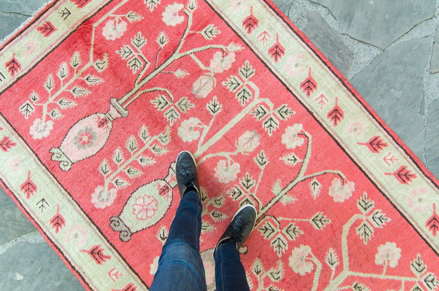 Vintage Samarkand 4'10.5 X 7'10 Rug Khotan Floral Botanical Vases Salmon Mint Handwoven Wool Area Ru