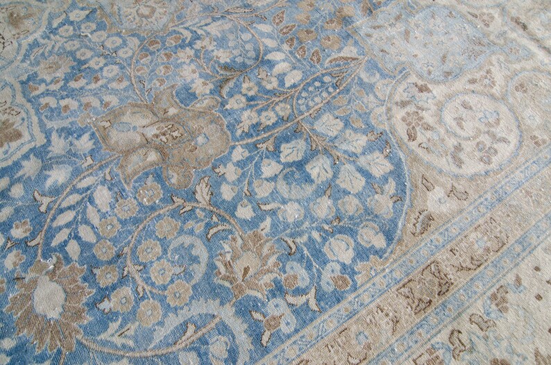 Antique 9'4 x 13'9 Hand Knotted Floral Medallion Beige Blue Rug Wool Low Pile Distressed Rug 1920s FREE DOMESTIC SHIPPING image 6