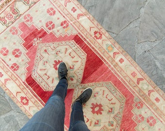 Vintage 3'11" x 8'5.5" tapijt Oushak lage wol stapel medaillon Ushak Boho chic gebied handgeknoopt tapijt - GRATIS BINNENLANDSE VERZENDING