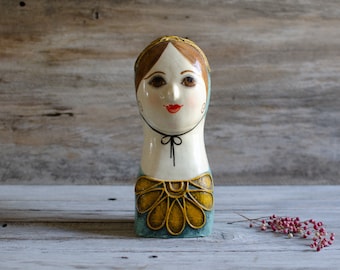 Vintage Gemma Taccogna Paper Maché Girl Turquoise Color Flowered Bonnet Made in Mexico - Mid Century