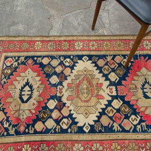 Antique 32 x 54 Kazak Rug Medallion Floral Red Navy Hand-Knotted Medallion Wool Pile Rug 1920s FREE DOMESTIC SHIPPING image 6