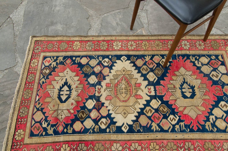 Antique 32 x 54 Kazak Rug Medallion Floral Red Navy Hand-Knotted Medallion Wool Pile Rug 1920s FREE DOMESTIC SHIPPING image 6