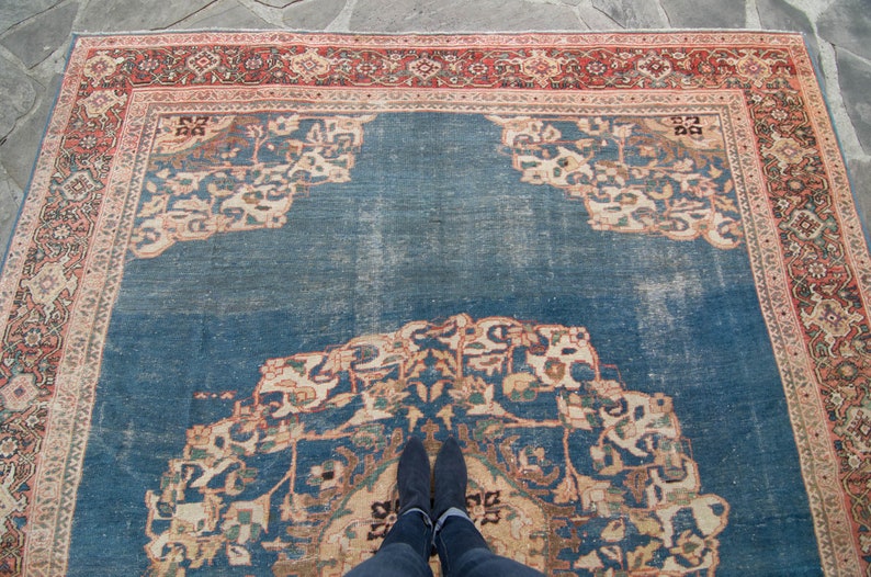 Antique 9'7 x 11'6 Large Blue Red Floral Medallion Hand Knotted Rug Wool Low Pile Rug 1920s FREE DOMESTIC SHIPPING image 3