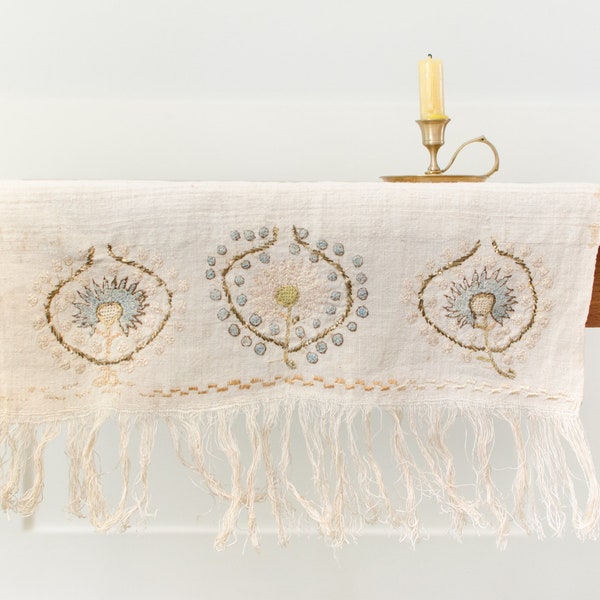 Antique Ottoman Greek Hand Embroidered Silk Thread Linen w/ Fringes Table Runner Table Cloth Dowry Havlu Towel - 1900s