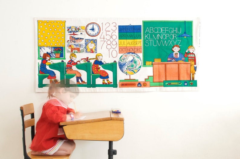 Vintage Scandanavian school kids textile wall hanging circa late 1970s
