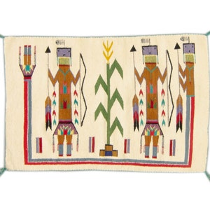 Vintage 2’3” x 3’5” American Navajo Yei Rug Figural Design Ivory Chocolate Scarlet Wool Accent 1970s Rug - FREE DOMESTIC SHIPPING