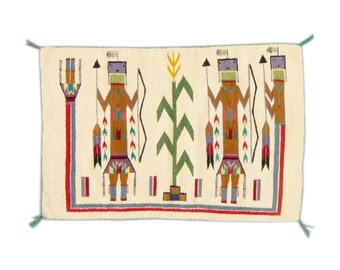 Vintage 2’3” x 3’5” American Navajo Yei Rug Figural Design Ivory Chocolate Scarlet Wool Accent 1970s Rug - FREE DOMESTIC SHIPPING