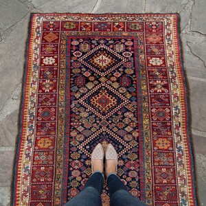 Antique 47 x 109 Wide Runner Geometric Botanical Design Red Navy Hand Knotted Wool Pile Rug 1890s FREE DOMESTIC SHIPPING image 3