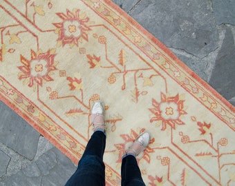 Vintage Anatolian 3'5" x 16'11" Rug Oushak Allover Floral Vines Yellow Wool Handmade Distressed Long Runner 1960's - FREE DOMESTIC SHIPPING