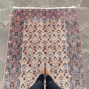 Vintage 4'6 x 6'7 Rug Allover Floral Figural Design Bubble Gum Ink Blue Wool Cotton Pile Hand-Knotted Rug 1930s FREE DOMESTIC SHIPPING image 3