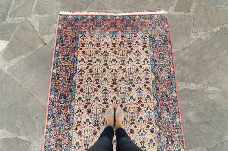 Vintage 4'6 x 6'7 Rug Allover Floral Figural Design Bubble Gum Ink Blue Wool Cotton Pile Hand-Knotted Rug 1930s FREE DOMESTIC SHIPPING image 3