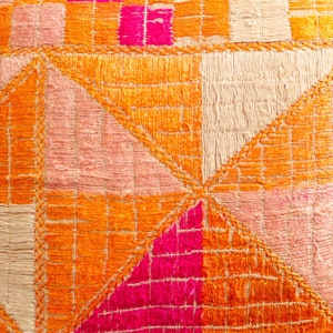 Antique Indian Phulkari Silk Hand Embroidered Linen Square Orange Pillowcase Accent Pillow Cushion 1920s image 2