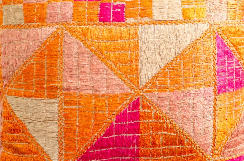 Antique Indian Phulkari Silk Hand Embroidered Linen Square Orange Pillowcase Accent Pillow Cushion 1920s image 2