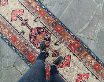 Vintage 2’11” x 17’5.5” Extra Long Runner Geometric Wool Low Pile Hand-Knotted Blue Beige Red 1930s - FREE DOMESTIC SHIPPING