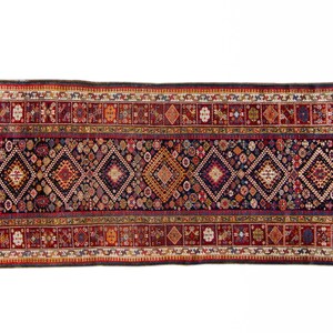 Antique 47 x 109 Wide Runner Geometric Botanical Design Red Navy Hand Knotted Wool Pile Rug 1890s FREE DOMESTIC SHIPPING image 2
