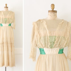 Antique Victorian Beige Wedding Dress / Gown Lace Chiffon Wedding Gown Evening Wear Emerald Green Satin Sash Womens Fashion - 1900's