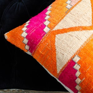 Antique Indian Phulkari Silk Hand Embroidered Linen Square Orange Pillowcase Accent Pillow Cushion 1920s image 5