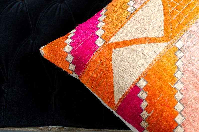 Antique Indian Phulkari Silk Hand Embroidered Linen Square Orange Pillowcase Accent Pillow Cushion 1920s image 5