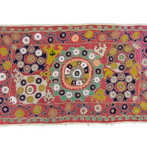 Vintage Suzani 53 x 88.5 Uzbek Magenta Green Hand-Embroidered Floral Design Samarkand Blanket Bed Throw Wall Hanging 1930's image 1