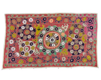 Vintage Suzani 53&quot; x 88.5” Uzbek Magenta Green Hand-Embroidered Floral Design Samarkand Blanket Bed Throw Wall Hanging 1930&#39;s