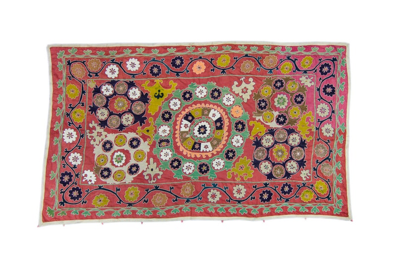 Vintage Suzani 53 x 88.5 Uzbek Magenta Green Hand-Embroidered Floral Design Samarkand Blanket Bed Throw Wall Hanging 1930's image 1