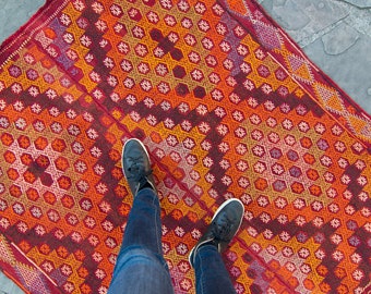 Vintage 4’4” x 5’1” Rug Kilim Cecim Raspberry Red Orange Hand Embroidered Wool Small Area Rug - FREE DOMESTIC SHIPPING