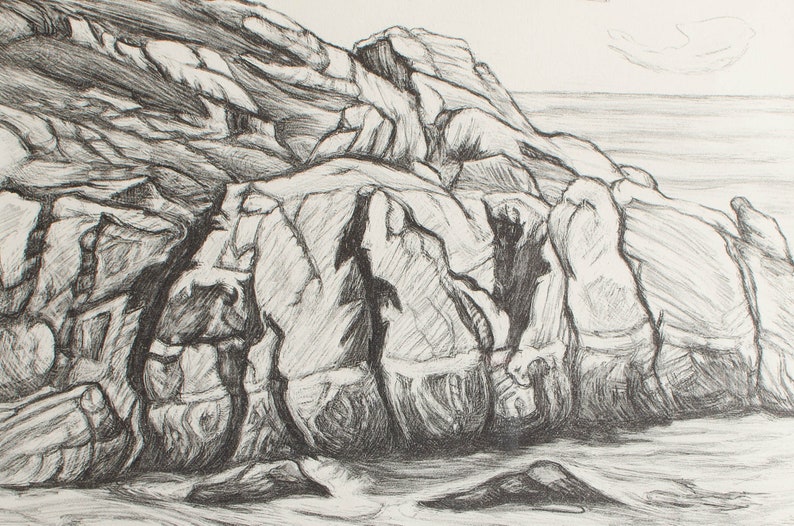 Antieke ets Limited Edition origineel ondertekende Amerikaanse kunstenaar Adele Watson 1873-1947 getiteld Sea Carmel Rocks afbeelding 2