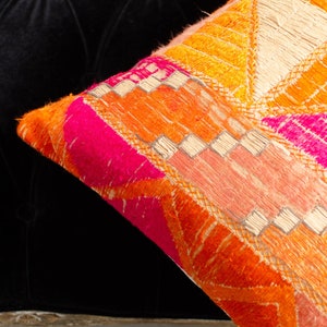 Antique Indian Phulkari Silk Hand Embroidered Linen Square Orange Pillowcase Accent Pillow Cushion 1920s image 10
