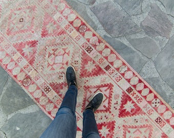 Vintage Kurdish 3’ x 11’8” Runner Geometric Hand-woven Rust Pink Wool Low Pile Long Runner 1960s - FREE DOMESTIC SHIPPING