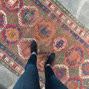 Antique Caucasian 4’1” x 8&#39; Rug Moghan Hand Knotted Distressed Geometric Medallion Wool Pile Rug 1880&#39;s - FREE DOMESTIC SHIPPING