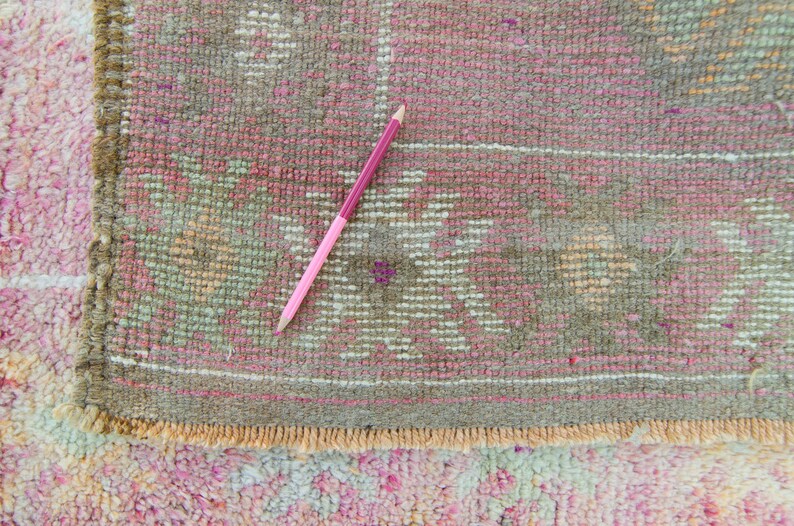 Vintage 210.5 x 126 Runner Hand Knotted Distressed Geometric Medallion Pink Wool Low Pile Runner FREE DOMESTIC SHIPPING image 10