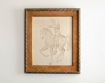 Antique Original Spencerian Script Calligraphy Pen & Ink Drawing of a Native American Warrior on Horseback -  Mid 18th to early 19th century