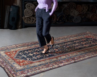 Antique 5’3” x 11’4” Luri Rug Allover Design Navy Brick Red Hand Knotted Wool Low Pile Rug - Late 1800s