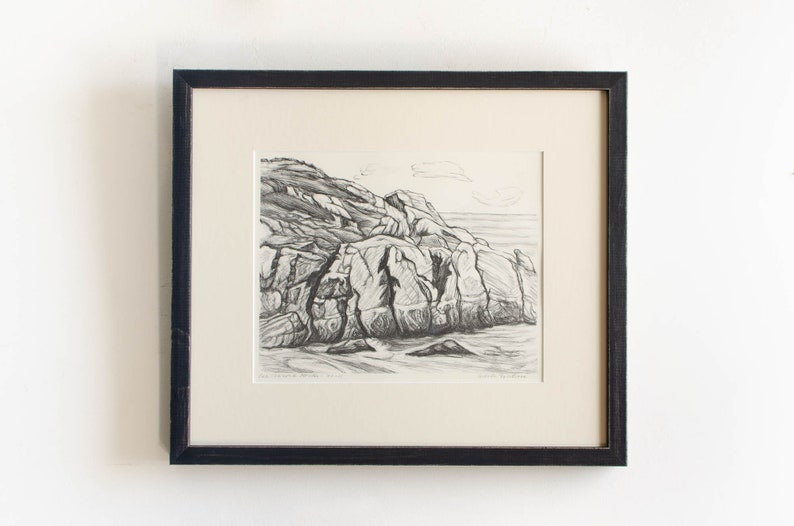 Antieke ets Limited Edition origineel ondertekende Amerikaanse kunstenaar Adele Watson 1873-1947 getiteld Sea Carmel Rocks afbeelding 1