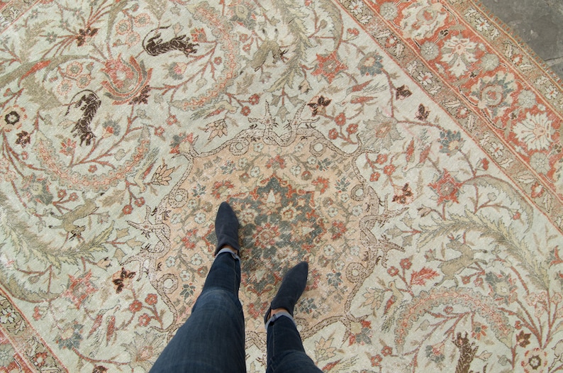 Antique 93 x 12'2 Hand Knotted Figural Medallion Beige Terra Cotta Low Pile Wool Tree of Life Rug 1920s FREE DOMESTIC SHIPPING image 1