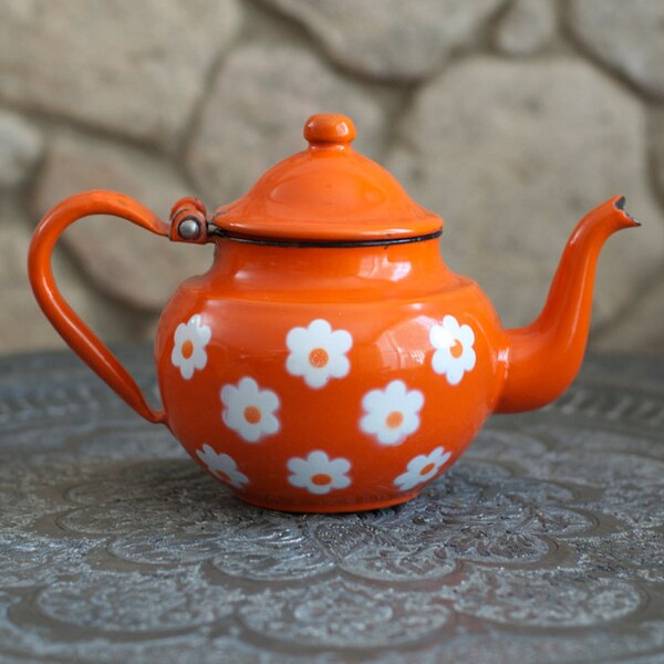 RESERVED for "M" Vintage Red Enamel Teapot with White Flowers - Mid Century