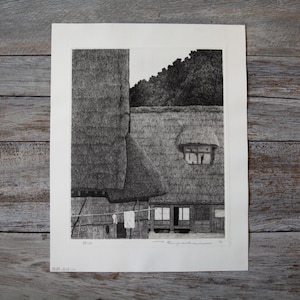 Rara stampa d&#39;arte originale d&#39;epoca in acquaforte e acquatinta di Tanaka Ryohei, firmata da Japanese Roofs of Hida 1973