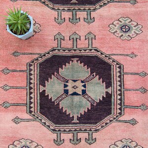 Vintage 51 x 122 Oushak Rug Hand Knotted Medallion Design Pink Blue Wool Large Area Rug 1960s FREE DOMESTIC SHIPPING image 4
