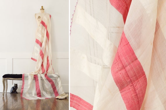 Antique Beige Fuchsia Silk Shawl Scarf Textile Fa… - image 1