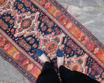 Antique 3’3” x 15’10” Runner Geometric Medallion Navy Blue Scarlet Salmon Gradient Wool Pile Runner Rug 1920s - FREE DOMESTIC SHIPPING